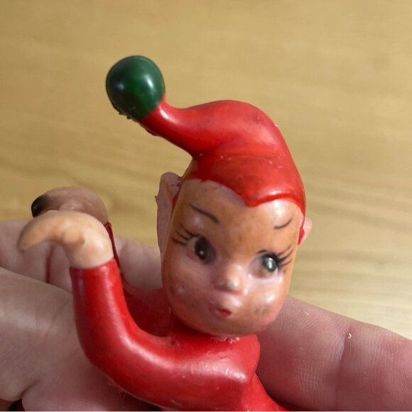 Vtg 50s Red Green Pixie Elf Figurines Ladybug Rubber Hangers Climbers Christmas - Picture 4 of 9